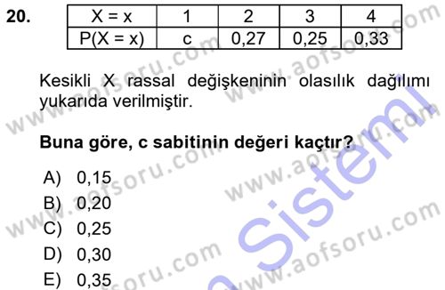 İstatistik 1 Dersi 2015 - 2016 Yılı (Final) Dönem Sonu Sınavı 20. Soru