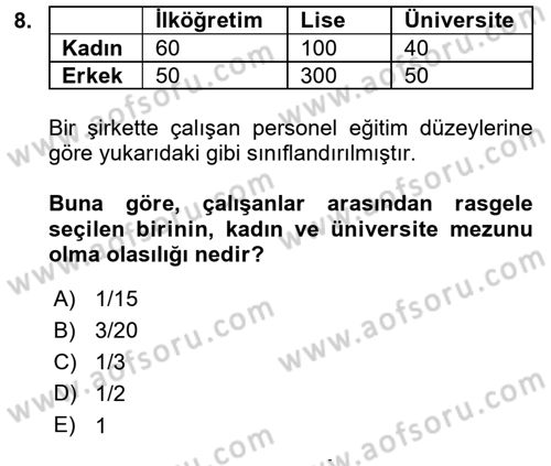 İstatistik 1 Dersi 2015 - 2016 Yılı (Final) Dönem Sonu Sınavı 8. Soru