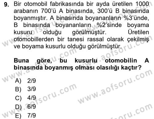 İstatistik 1 Dersi 2015 - 2016 Yılı (Final) Dönem Sonu Sınavı 9. Soru