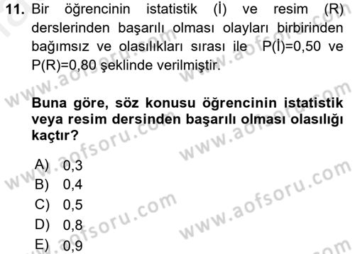 İstatistik 1 Dersi 2015 - 2016 Yılı Tek Ders Sınavı 11. Soru