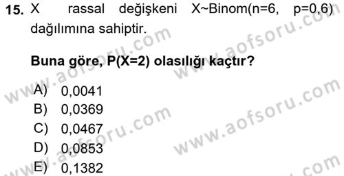 İstatistik 1 Dersi 2015 - 2016 Yılı Tek Ders Sınavı 15. Soru