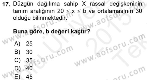 İstatistik 1 Dersi 2015 - 2016 Yılı Tek Ders Sınavı 17. Soru