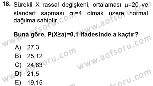 İstatistik 1 Dersi 2015 - 2016 Yılı Tek Ders Sınavı 18. Soru