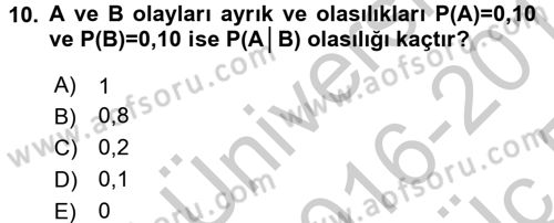 İstatistik 1 Dersi 2016 - 2017 Yılı 3 Ders Sınavı 10. Soru