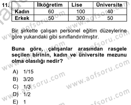 İstatistik 1 Dersi 2016 - 2017 Yılı 3 Ders Sınavı 11. Soru