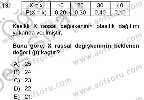 İstatistik 1 Dersi 2016 - 2017 Yılı 3 Ders Sınavı 13. Soru