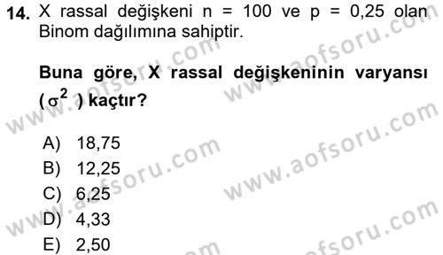 İstatistik 1 Dersi 2016 - 2017 Yılı 3 Ders Sınavı 14. Soru