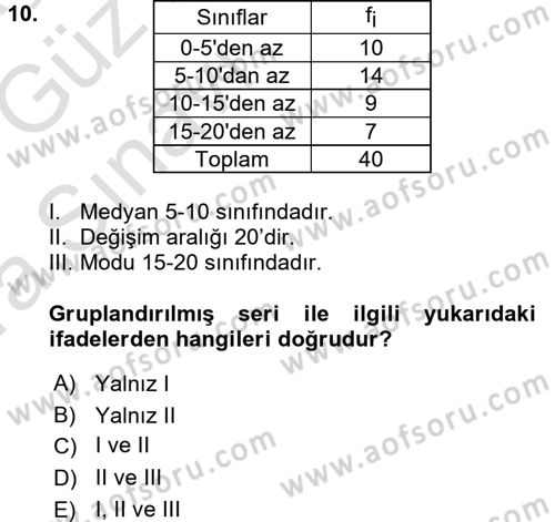 İstatistik 1 Dersi 2016 - 2017 Yılı (Vize) Ara Sınavı 10. Soru