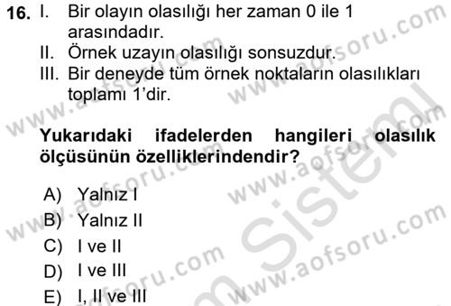 İstatistik 1 Dersi 2016 - 2017 Yılı (Vize) Ara Sınav Soruları 16. Soru