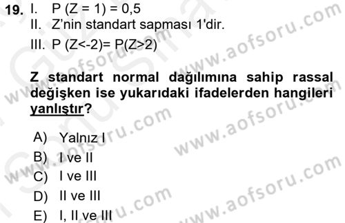 İstatistik 1 Dersi 2016 - 2017 Yılı (Final) Dönem Sonu Sınavı 19. Soru