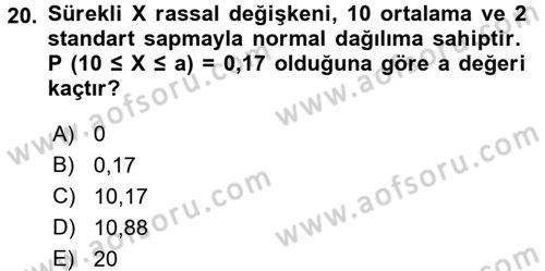 İstatistik 1 Dersi 2016 - 2017 Yılı (Final) Dönem Sonu Sınavı 20. Soru