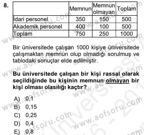 İstatistik 1 Dersi 2016 - 2017 Yılı (Final) Dönem Sonu Sınavı 8. Soru