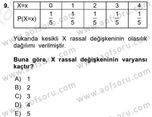 İstatistik 1 Dersi 2016 - 2017 Yılı (Final) Dönem Sonu Sınavı 9. Soru