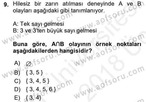 İstatistik 1 Dersi 2017 - 2018 Yılı 3 Ders Sınavı 9. Soru