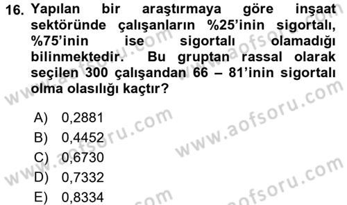 İstatistik 1 Dersi 2017 - 2018 Yılı (Final) Dönem Sonu Sınavı 16. Soru