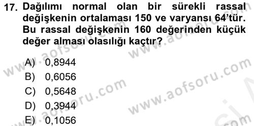 İstatistik 1 Dersi 2017 - 2018 Yılı (Final) Dönem Sonu Sınavı 17. Soru