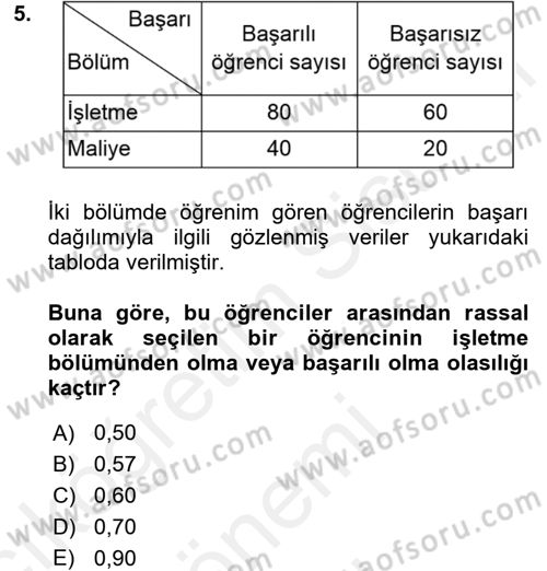 İstatistik 1 Dersi 2017 - 2018 Yılı (Final) Dönem Sonu Sınavı 5. Soru