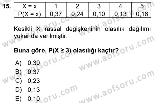 İstatistik 1 Dersi 2018 - 2019 Yılı 3 Ders Sınavı 15. Soru