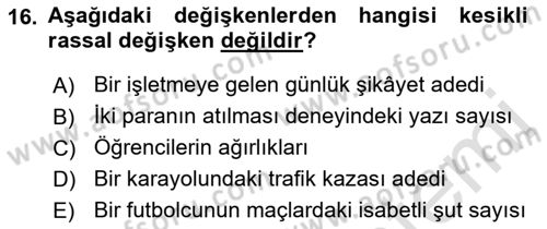 İstatistik 1 Dersi 2018 - 2019 Yılı 3 Ders Sınavı 16. Soru