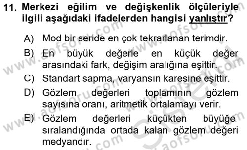 İstatistik 1 Dersi 2019 - 2020 Yılı (Vize) Ara Sınavı 11. Soru