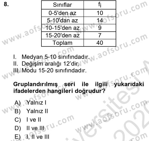 İstatistik 1 Dersi 2019 - 2020 Yılı (Vize) Ara Sınavı 8. Soru