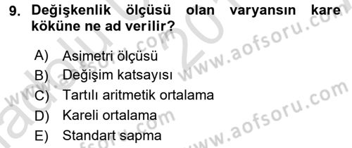 İstatistik 1 Dersi 2019 - 2020 Yılı (Vize) Ara Sınavı 9. Soru