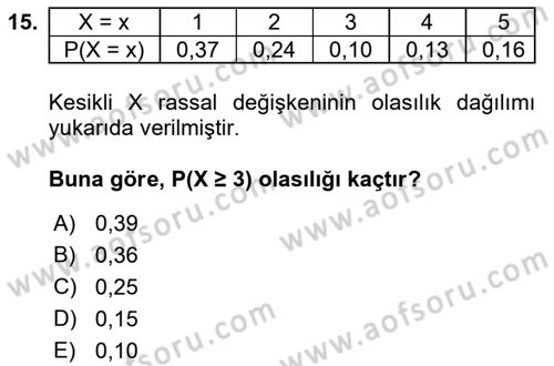 İstatistik 1 Dersi 2019 - 2020 Yılı (Final) Dönem Sonu Sınavı 15. Soru