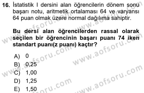 İstatistik 1 Dersi 2019 - 2020 Yılı (Final) Dönem Sonu Sınavı 16. Soru