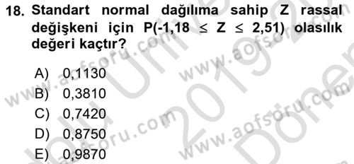 İstatistik 1 Dersi 2019 - 2020 Yılı (Final) Dönem Sonu Sınavı 18. Soru