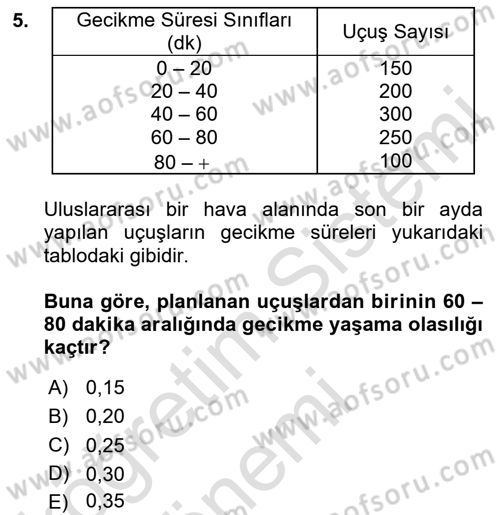 İstatistik 1 Dersi 2019 - 2020 Yılı (Final) Dönem Sonu Sınavı 5. Soru