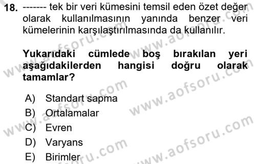 İstatistik 1 Dersi 2022 - 2023 Yılı (Vize) Ara Sınav Soruları 18. Soru