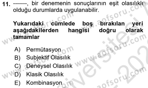 İstatistik 1 Dersi 2022 - 2023 Yılı (Final) Dönem Sonu Sınav Soruları 11. Soru