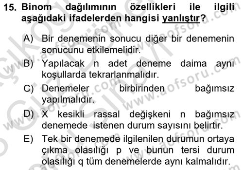 İstatistik 1 Dersi 2022 - 2023 Yılı (Final) Dönem Sonu Sınav Soruları 15. Soru