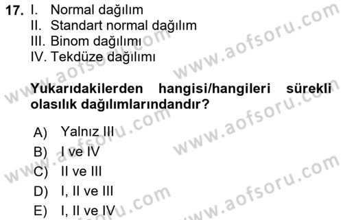 İstatistik 1 Dersi 2022 - 2023 Yılı (Final) Dönem Sonu Sınav Soruları 17. Soru