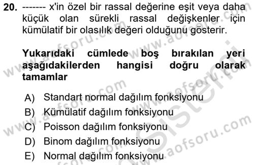 İstatistik 1 Dersi 2022 - 2023 Yılı (Final) Dönem Sonu Sınav Soruları 20. Soru