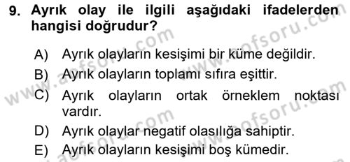 İstatistik 1 Dersi 2022 - 2023 Yılı (Final) Dönem Sonu Sınav Soruları 9. Soru