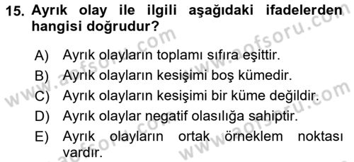 İstatistik 1 Dersi 2022 - 2023 Yılı Yaz Okulu Sınav Soruları 15. Soru