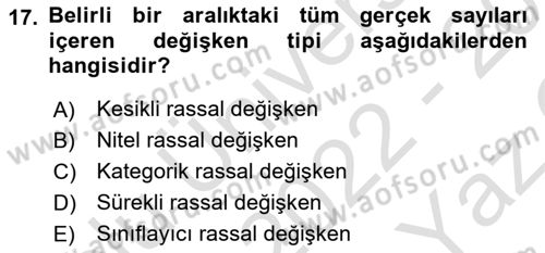 İstatistik 1 Dersi 2022 - 2023 Yılı Yaz Okulu Sınav Soruları 17. Soru