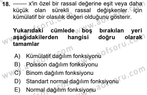 İstatistik 1 Dersi 2022 - 2023 Yılı Yaz Okulu Sınav Soruları 18. Soru
