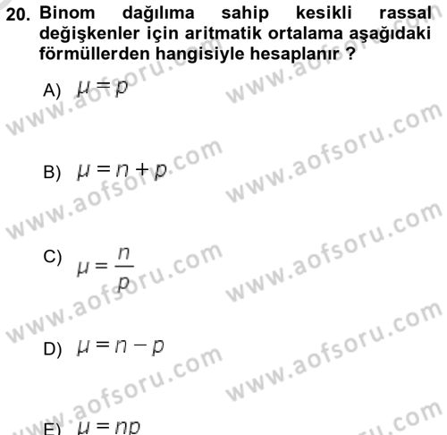 İstatistik 1 Dersi 2022 - 2023 Yılı Yaz Okulu Sınav Soruları 20. Soru