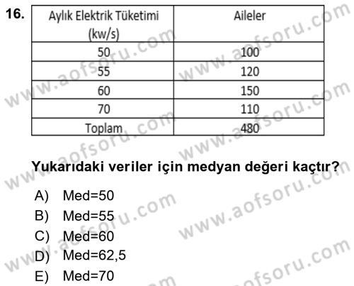 İstatistik 1 Dersi 2023 - 2024 Yılı (Vize) Ara Sınav Soruları 16. Soru