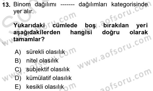 İstatistik 1 Dersi 2023 - 2024 Yılı (Final) Dönem Sonu Sınav Soruları 13. Soru