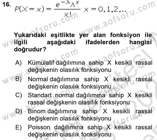 İstatistik 1 Dersi 2023 - 2024 Yılı (Final) Dönem Sonu Sınav Soruları 16. Soru