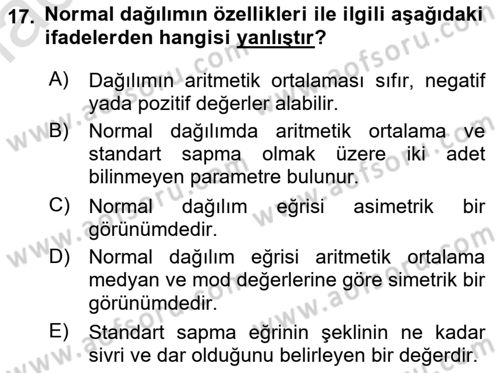 İstatistik 1 Dersi 2023 - 2024 Yılı (Final) Dönem Sonu Sınav Soruları 17. Soru
