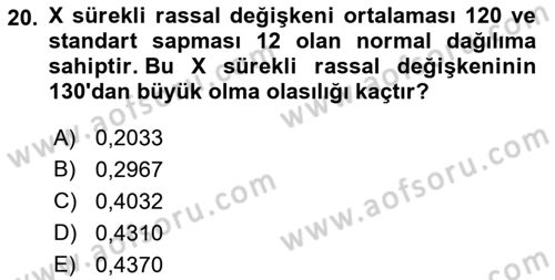İstatistik 1 Dersi 2023 - 2024 Yılı (Final) Dönem Sonu Sınav Soruları 20. Soru