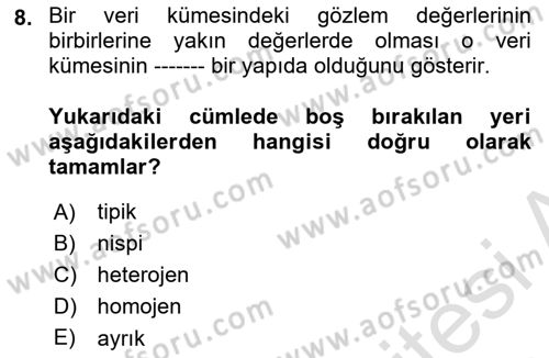 İstatistik 1 Dersi 2023 - 2024 Yılı (Final) Dönem Sonu Sınav Soruları 8. Soru