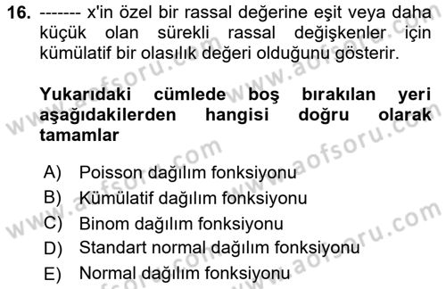 İstatistik 1 Dersi 2023 - 2024 Yılı Yaz Okulu Sınav Soruları 16. Soru