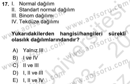 İstatistik 1 Dersi 2023 - 2024 Yılı Yaz Okulu Sınav Soruları 17. Soru