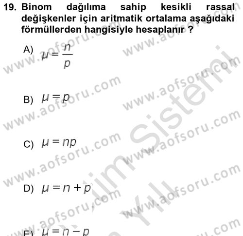 İstatistik 1 Dersi 2023 - 2024 Yılı Yaz Okulu Sınav Soruları 19. Soru
