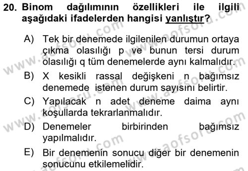 İstatistik 1 Dersi 2023 - 2024 Yılı Yaz Okulu Sınav Soruları 20. Soru